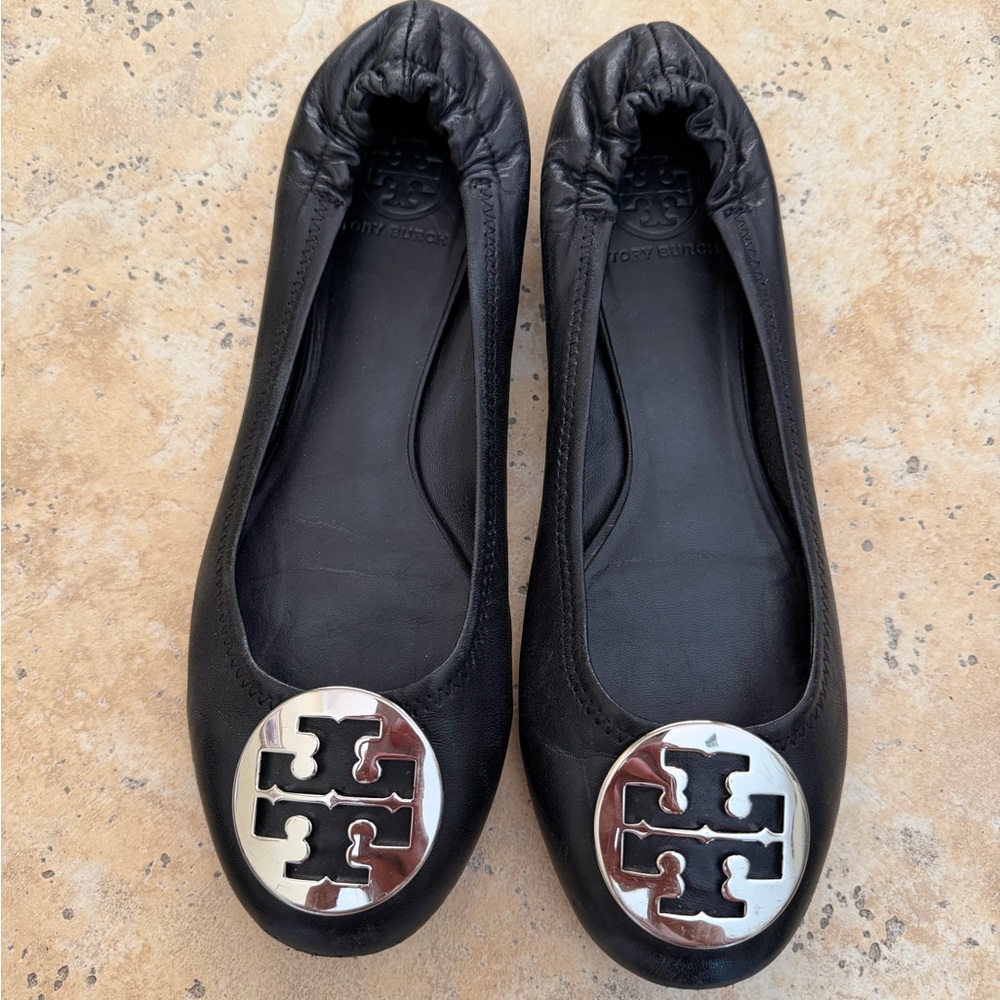 Tory Burch Black Flats with Silver Logo